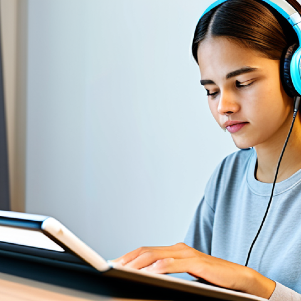 A focused language learner, a young adult of neutral gender, in modest, comfortable clothing, sits at a contemporary study desk. They wear headphones, deeply concentrating on a tablet displaying an advanced language learning application with visual sound waves and pronunciation feedback. Their expression is determined and reflective, subtly moving their mouth as if practicing sounds. The background is a clean, bright, minimalist study space with a soft, inspiring ambiance. Professional photography, high resolution, perfect anatomy, correct proportions, natural pose, well-formed hands, proper finger count, natural body proportions, fully clothed, appropriate attire, modest clothing, safe for work, appropriate content, family-friendly.