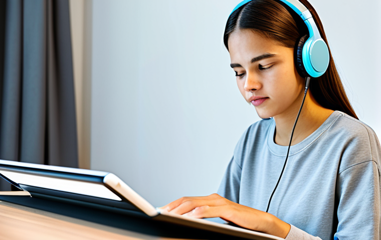 A focused language learner, a young adult of neutral gender, in modest, comfortable clothing, sits at a contemporary study desk. They wear headphones, deeply concentrating on a tablet displaying an advanced language learning application with visual sound waves and pronunciation feedback. Their expression is determined and reflective, subtly moving their mouth as if practicing sounds. The background is a clean, bright, minimalist study space with a soft, inspiring ambiance. Professional photography, high resolution, perfect anatomy, correct proportions, natural pose, well-formed hands, proper finger count, natural body proportions, fully clothed, appropriate attire, modest clothing, safe for work, appropriate content, family-friendly.