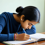 A focused young adult, fully clothed in appropriate modest attire, diligently practicing writing elegant Devanagari script in a clean notebook. The setting is a well-lit, calm study desk adorned with a few colorful Hindi children's picture books. The atmosphere is one of peaceful concentration. Perfect anatomy, correct proportions, natural pose, well-formed hands, proper finger count, natural body proportions. Professional photography, high quality, realistic, detailed. Safe for work, appropriate content, fully clothed, professional.