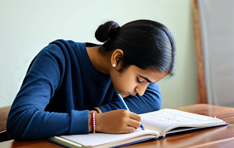 A focused young adult, fully clothed in appropriate modest attire, diligently practicing writing elegant Devanagari script in a clean notebook. The setting is a well-lit, calm study desk adorned with a few colorful Hindi children's picture books. The atmosphere is one of peaceful concentration. Perfect anatomy, correct proportions, natural pose, well-formed hands, proper finger count, natural body proportions. Professional photography, high quality, realistic, detailed. Safe for work, appropriate content, fully clothed, professional.