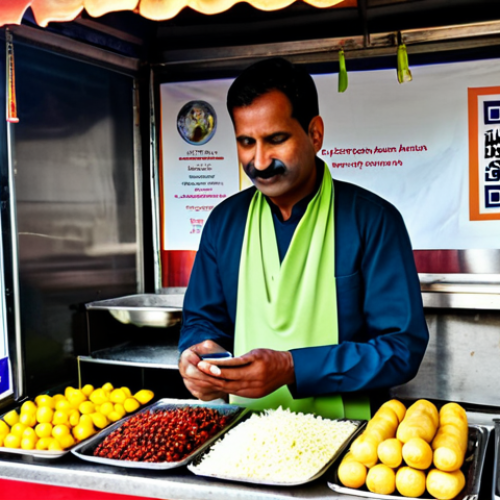 A friendly Indian street food vendor, a man in his 40s, wearing a modest, clean traditional kurta, standing behind a small, vibrant food stall. The stall is adorned with fresh ingredients and a prominent printed QR code for UPI payments. A customer, fully clothed in appropriate attire, is completing a transaction using a smartphone. The background features a bustling but orderly Indian market street in daylight. Professional photography, sharp focus, natural lighting, perfect anatomy, correct proportions, well-formed hands, natural body proportions, high quality, safe for work, appropriate content, fully clothed, modest clothing, appropriate attire, family-friendly.
