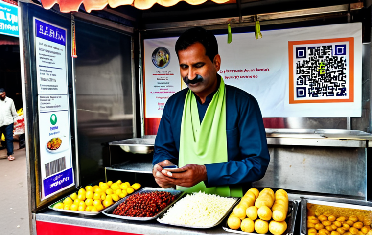 A friendly Indian street food vendor, a man in his 40s, wearing a modest, clean traditional kurta, standing behind a small, vibrant food stall. The stall is adorned with fresh ingredients and a prominent printed QR code for UPI payments. A customer, fully clothed in appropriate attire, is completing a transaction using a smartphone. The background features a bustling but orderly Indian market street in daylight. Professional photography, sharp focus, natural lighting, perfect anatomy, correct proportions, well-formed hands, natural body proportions, high quality, safe for work, appropriate content, fully clothed, modest clothing, appropriate attire, family-friendly.