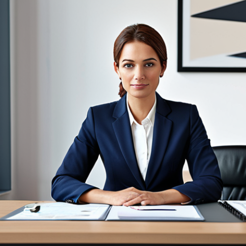 힌디어로 콘텐츠 제작 - **Businesswoman in Modern Office**: A professional businesswoman in a modest business suit, sitting ...