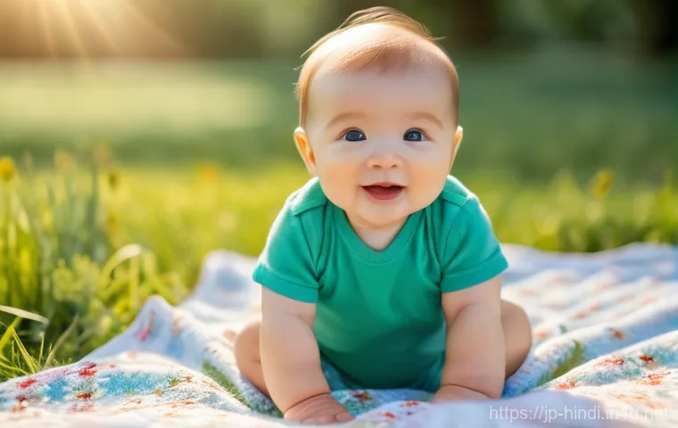 힌디어와 종교 의식 - A 10-month-old baby, full of joy, sitting on a soft, checkered picnic blanket in a sun-drenched park...