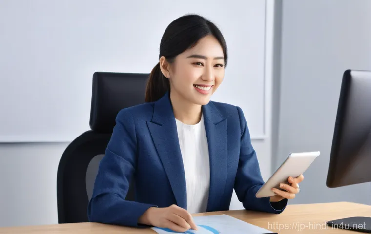 힌디어로 발표 준비 - A bright and serene studio setting. A cheerful Japanese woman, mid-20s, with neat, short dark hair, ...