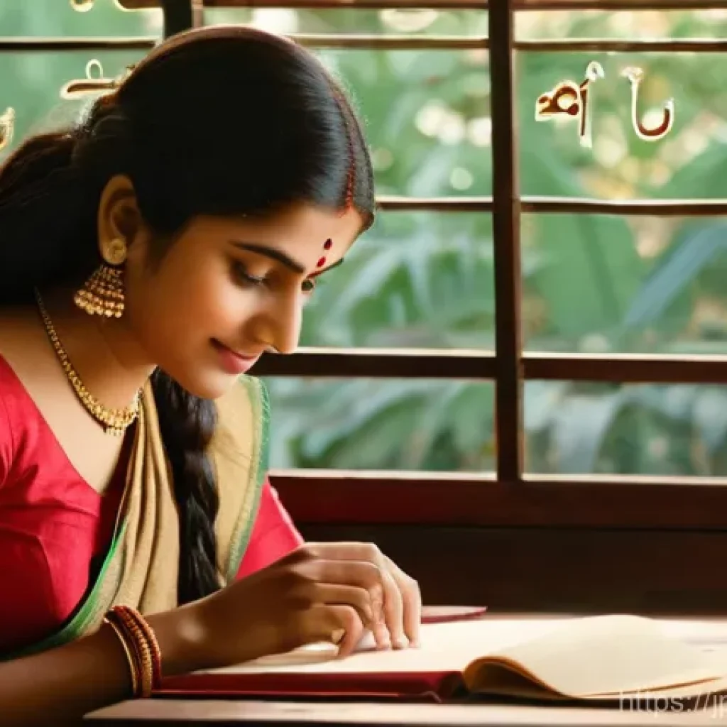 힌디어 모음과 자음 - "A young adult, perhaps a woman in her late teens or early twenties, sits at a wooden desk, utterly ...