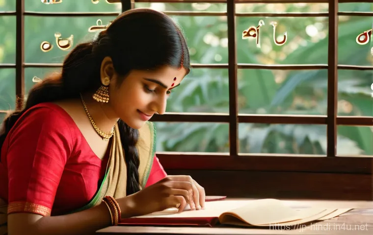 힌디어 모음과 자음 - "A young adult, perhaps a woman in her late teens or early twenties, sits at a wooden desk, utterly ...