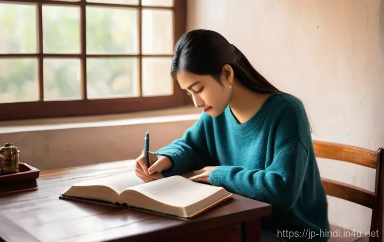 힌디어 명사와 형용사 - **Prompt 1: Focused Hindi Language Learner**
    "A young Japanese woman, around 20-25 years old, wi...