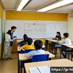 힌디어 학원 추천 - A bright and modern Hindi language classroom in Japan, featuring a diverse group of adult students a...
