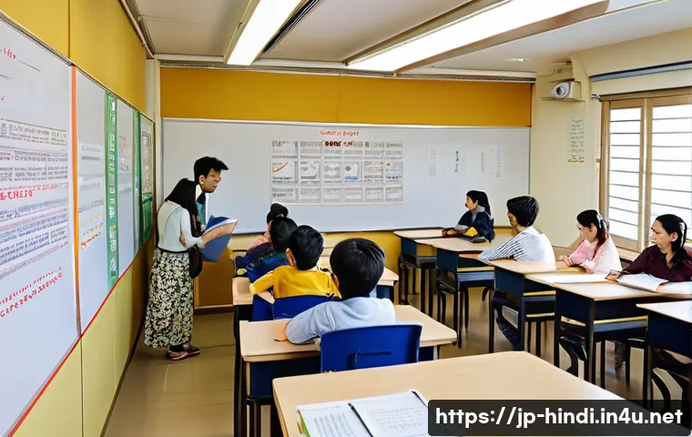 힌디어 학원 추천 - A bright and modern Hindi language classroom in Japan, featuring a diverse group of adult students a...