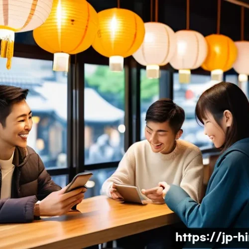 힌디어와 핀테크 - A vibrant scene of a diverse group of Japanese people using a multilingual digital financial app on ...