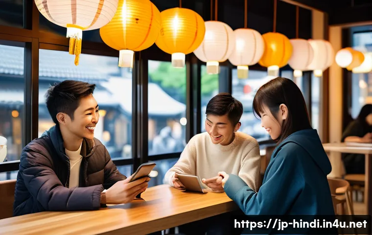 힌디어와 핀테크 - A vibrant scene of a diverse group of Japanese people using a multilingual digital financial app on ...