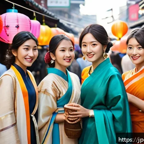 힌디어 속 한국 문화 - A vibrant street scene blending Korean and Hindi cultural elements: young adults wearing a fusion of...