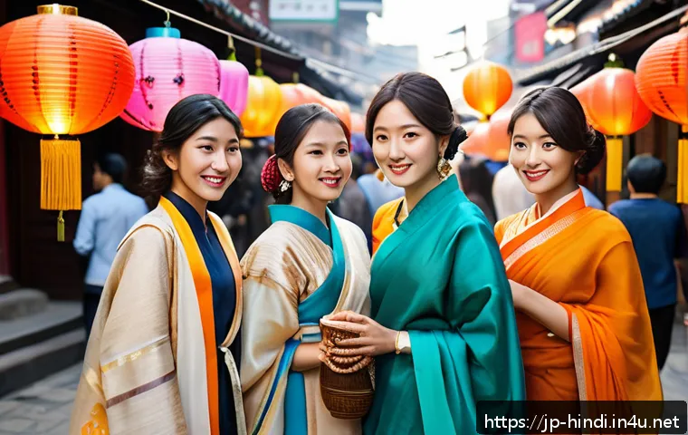 힌디어 속 한국 문화 - A vibrant street scene blending Korean and Hindi cultural elements: young adults wearing a fusion of...