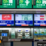 힌디어 환전 관련 용어 - A detailed scene of a busy urban foreign currency exchange shop in Japan, modern interior with digit...