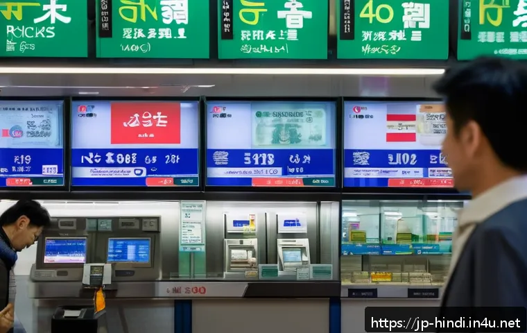 힌디어 환전 관련 용어 - A detailed scene of a busy urban foreign currency exchange shop in Japan, modern interior with digit...