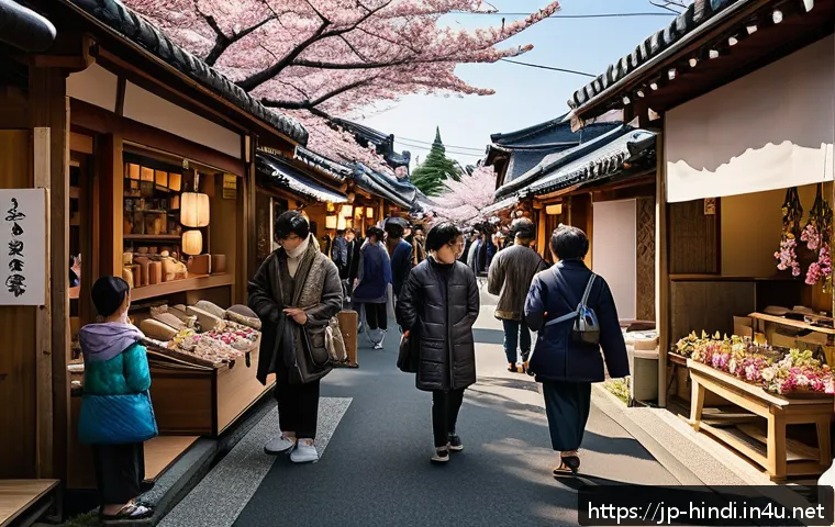 힌디어와 블록체인 기술 - A vibrant local Japanese marketplace scene showcasing small-scale artisans and farmers using digital...
