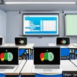 힌디어 프로그래밍 용어 - A modern classroom scene with diverse Japanese students attentively learning programming basics on l...