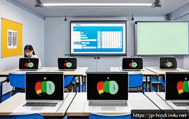 힌디어 프로그래밍 용어 - A modern classroom scene with diverse Japanese students attentively learning programming basics on l...