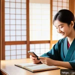힌디어 어플 추천 - A cozy, modern Japanese-style room with a young adult woman using a smartphone app to learn Hindi; t...