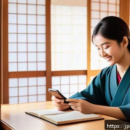 힌디어 어플 추천 - A cozy, modern Japanese-style room with a young adult woman using a smartphone app to learn Hindi; t...