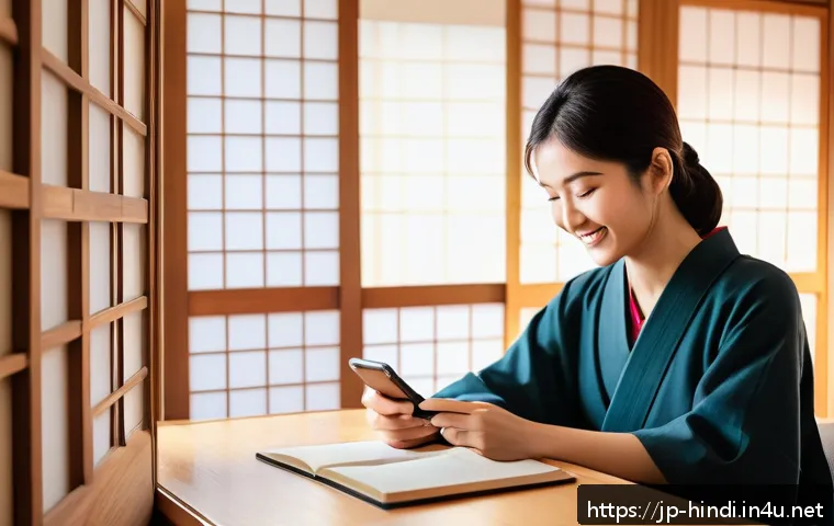 힌디어 어플 추천 - A cozy, modern Japanese-style room with a young adult woman using a smartphone app to learn Hindi; t...