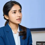 힌디어로 토론하기 - A professional setting where a confident young Japanese woman is engaging in a Hindi language debate...
