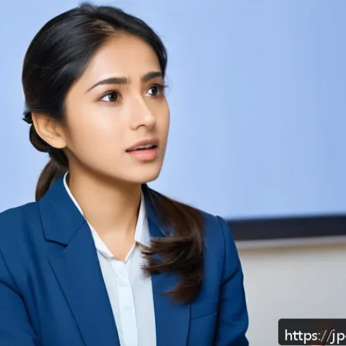 힌디어로 토론하기 - A professional setting where a confident young Japanese woman is engaging in a Hindi language debate...