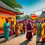 힌디어와 VR 콘텐츠 - A vibrant VR scene showcasing a traditional Indian village festival with colorful decorations, peopl...