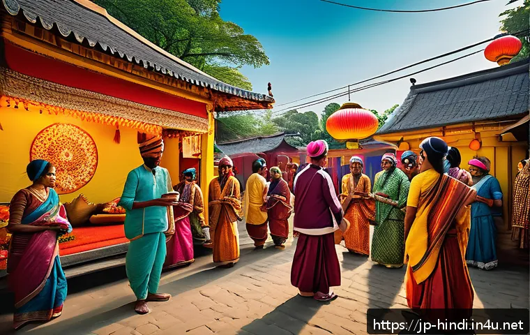 힌디어와 VR 콘텐츠 - A vibrant VR scene showcasing a traditional Indian village festival with colorful decorations, peopl...