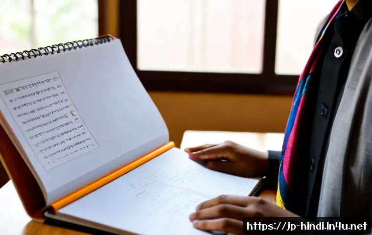 힌디어로 에세이 쓰기 - Photorealistic over-the-shoulder view of a Japanese university student practicing a Hindi essay in a...