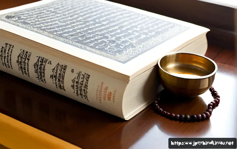 힌디어로 된 불경 - Photorealistic close-up of an elegant Buddhist scripture book styled as a contemporary Indian-langua...