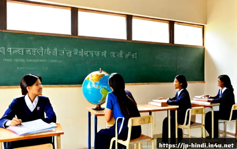 힌디어 공식 언어 국가 - Photorealistic classroom in New Delhi, India, a diverse group of adult students and a teacher discus...