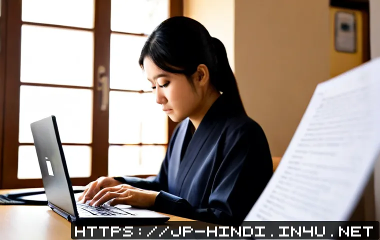 힌디어 이메일 작성법 - Photorealistic home office scene of a Japanese professional carefully composing a Hindi email on a l...