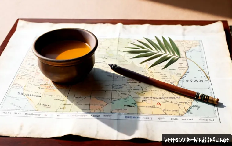 힌디어 인도 유래 - Photorealistic editorial still life illustrating the Indian origins of Hindi: an antique parchment-s...